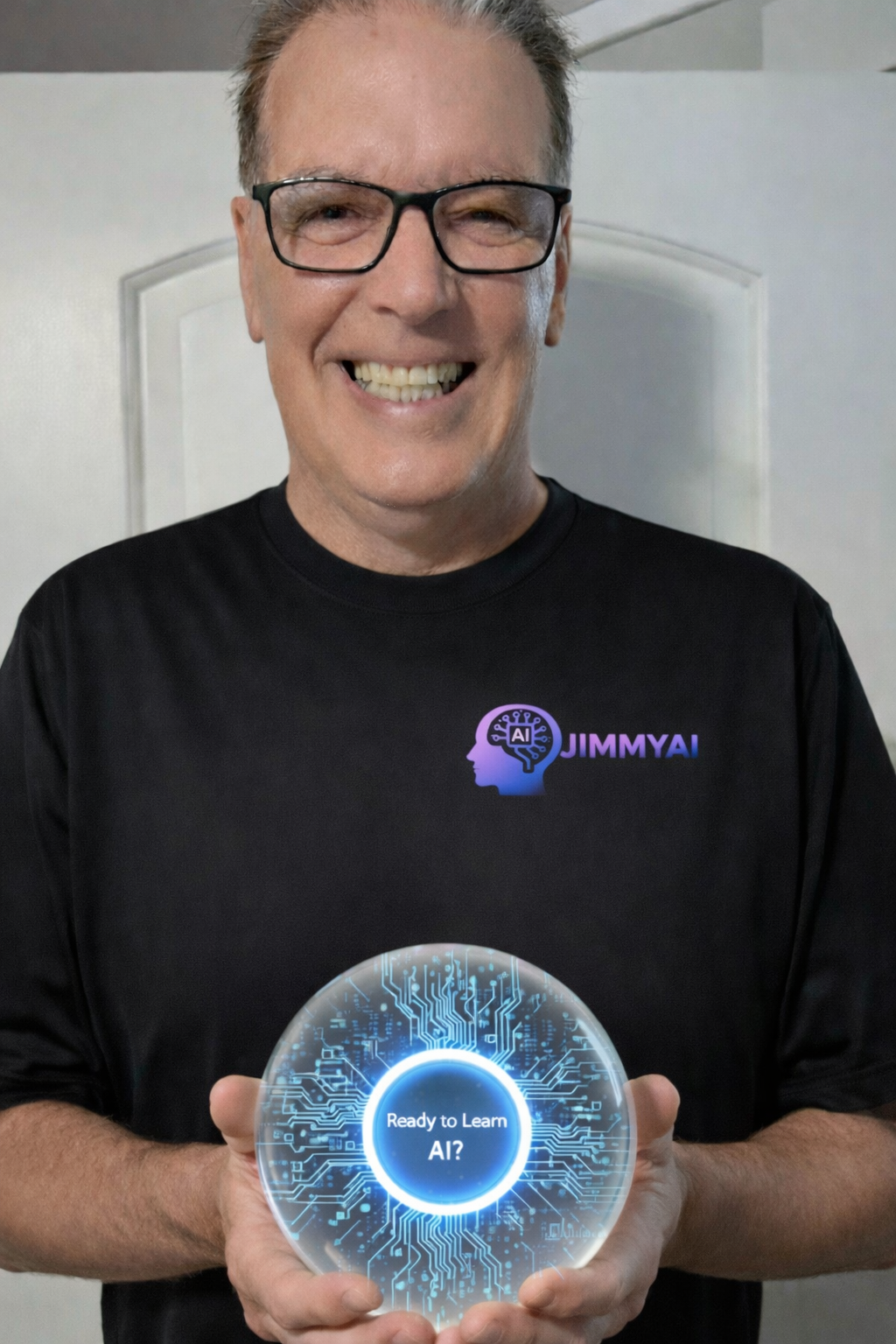 Jim Jordan wearing a JimmyAI shirt and holding a Ready to Learn AI visual